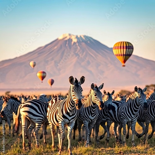 Dynamic action painting of zebras galloping across Amboseli National Park, Kenya, with Mount Kilimanjaro with generative ai
