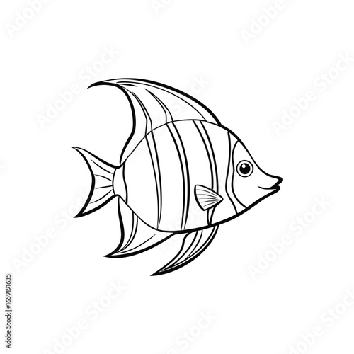 Black and white outline drawing of a striped tropical fish illustration
