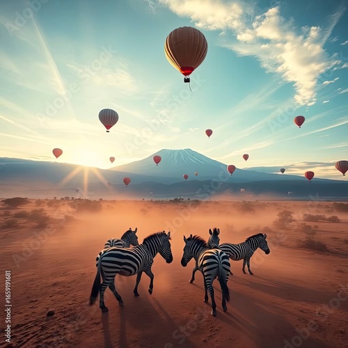 Dynamic action painting of zebras galloping across Amboseli National Park, Kenya, with Mount Kilimanjaro with generative ai