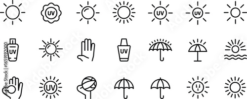 Flat vector UV protection icons with sun, sunscreen, umbrella, sunlight, skin safety, beach, hand shield, UV rays illustration