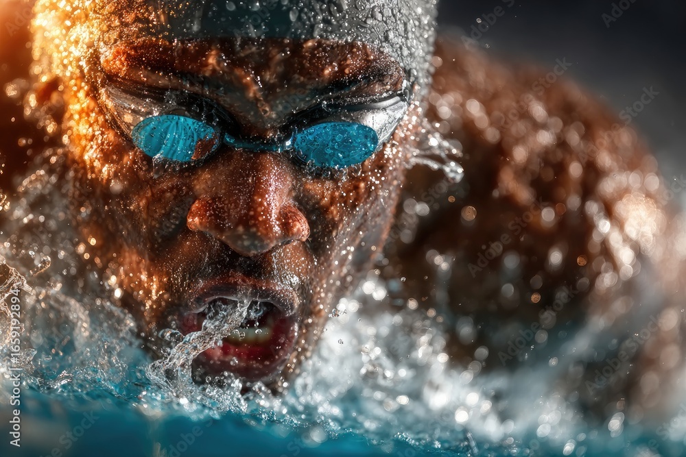 Fototapeta premium Focused swimmer in freestyle, indoor pool, water splashes background. Possible use Sports, fitness, motivation