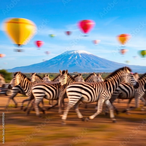 Dynamic action painting of zebras galloping across Amboseli National Park, Kenya, with Mount Kilimanjaro with generative ai