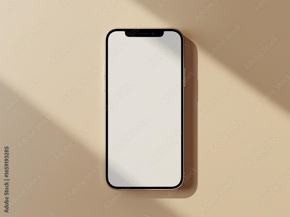 Phone screen mockup on beige background with shadow overlay, realistic device mockup Phone screen mockup on beige background with shadow overlay, realistic device mockup