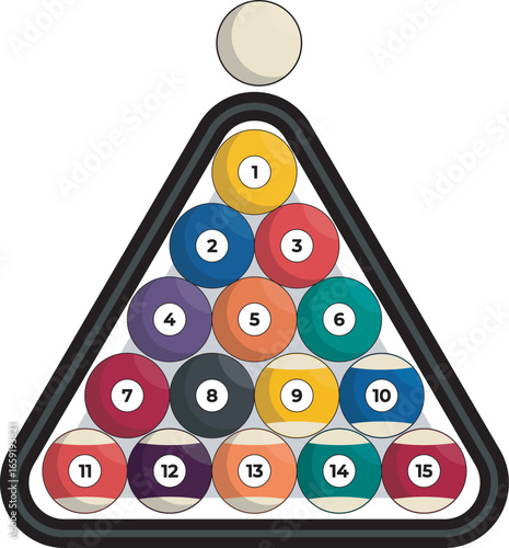 Vector illustration of billiard balls in a triangular rack with cue ball, colorful numbered pool set. Perfect for sports graphics, icons, logos, posters, gaming illustrations, and billiards design.
