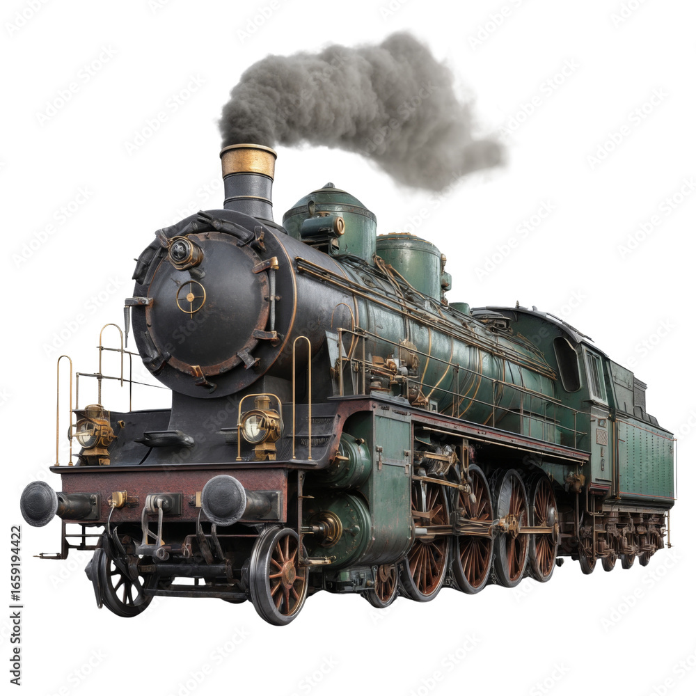 Naklejka premium Vintage steam locomotive with smoke billowing from chimney, showcasing intricate details and classic design. This powerful engine represents golden age of rail travel