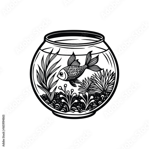 Black and White Line Art Illustration of Goldfish Bowl with Fish and Plants