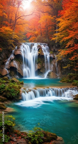 Cascading waterfall in a lush forest during autumn