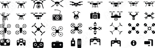 Flat silhouette drone icons set with quadcopters, UAV technology, aerial photography drones, remote controllers, flying gadgets, aviation devices, vector illustration