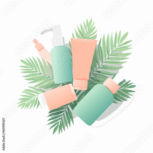 Eco cosmetics for skin care vector illustration. cartoon organic shampoo aroma cleanser container, packaging with herbal facial cream, shower gel to clean hair or body, cosmetology isolated on white
3