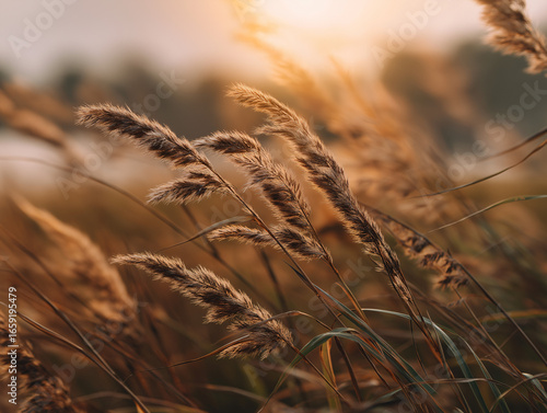 Tall wild grasses gently swaying in the wind at golden hour, soft warm sunlight from the setting sun glowing in the background