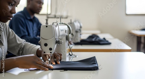 Young African woman focused on sewing fabric with a machine in a vocational training workshop.