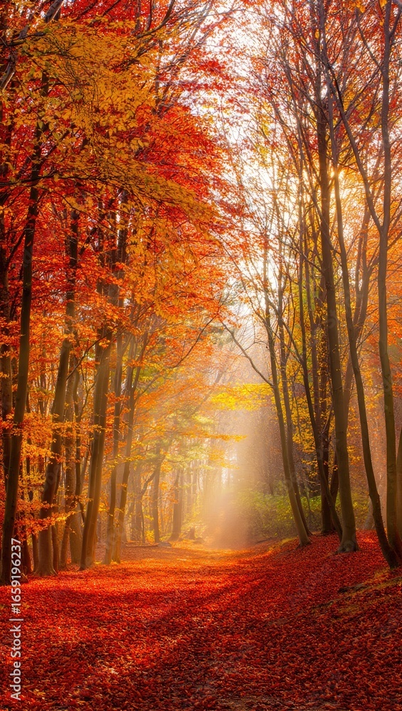 Fototapeta premium Enchanting Autumn Forest with Sunbeams and Red Leaves