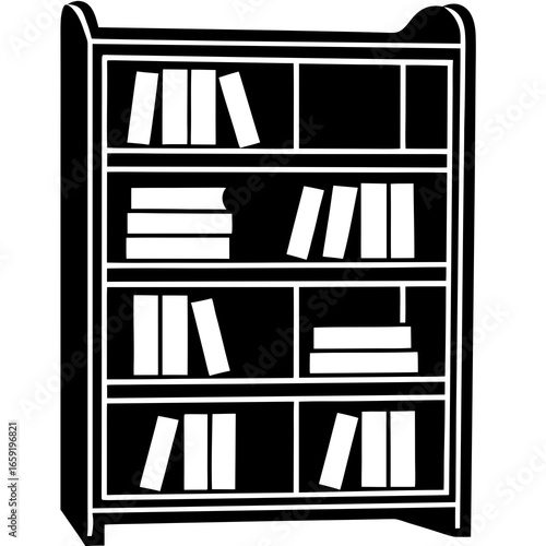 Black and white illustration of a bookshelf with books on multiple shelves bookcase library