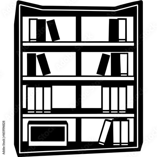 Black and white illustration of a bookshelf filled with books and a box bookcase library
