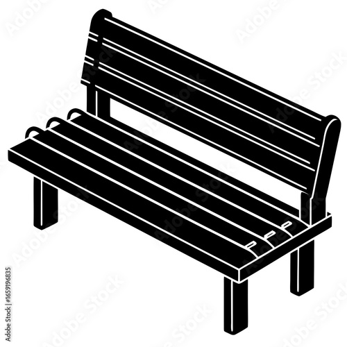 Black and white illustration of a park bench with a slatted seat and backrest outdoor furniture seating
