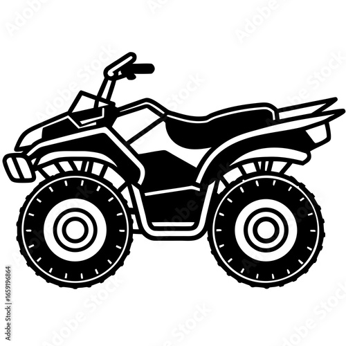 Black and white illustration of a four wheel all terrain vehicle on a white background quad bike four wheeler
