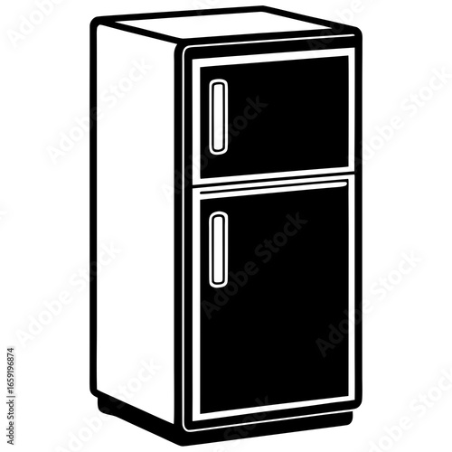 Black and White Illustration of a Two- Door Refrigerator with Handles fridge appliance
