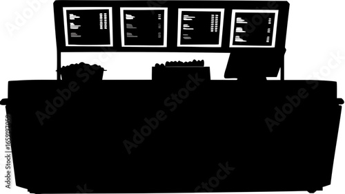 Silhouette of a fast food restaurant counter with menu boards and food display cases shown in darkness