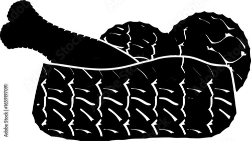 Illustration of a dog bowl filled with kibble and a bone sticking out in black and white style silhouette