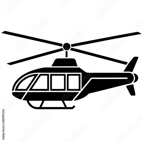 Black silhouette of a passenger helicopter with multiple windows and rotor blades on a white background