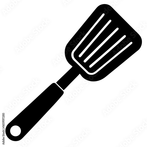 Black Silhouette of a Slotted Spatula Kitchen Utensil on a White Background cooking grilling