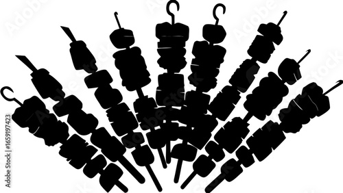 Silhouette depiction of several skewers stacked together in a fan like arrangement on white background
