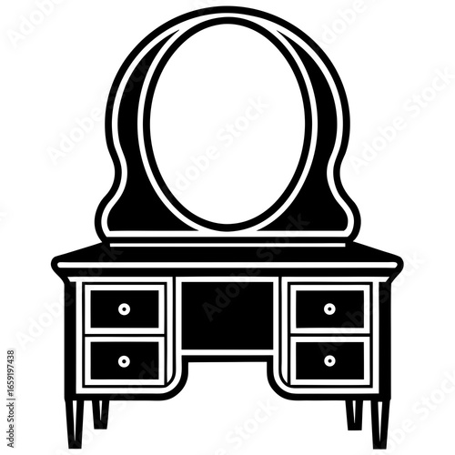 Black silhouette of a vanity table with drawers and an oval mirror on a white background dressing table