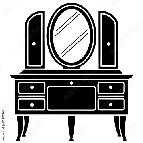 Black silhouette of a vintage dressing table with drawers and an oval mirror vanity furniture