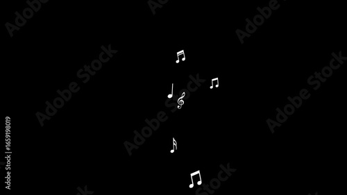 Animated white notes flying from bottom to top. Wave of flying notes. Music concept. Vector illustration isolated on a black background.