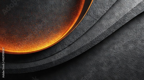 Abstract dark textured background with layered curves and glowing orange highlight creating modern futuristic decorative design with elegant sophisticated artistic depth