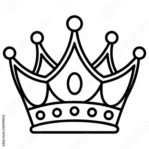 Simple Outline Crown Icon with Oval Gemstone and Circles king queen
