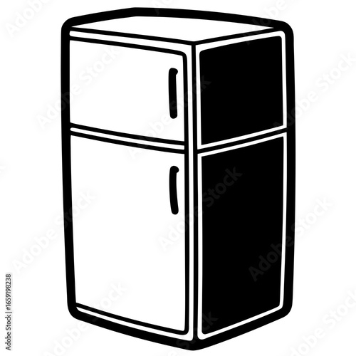 Stylized Black and White Drawing of a Two- Door Refrigerator with Handles fridge appliance