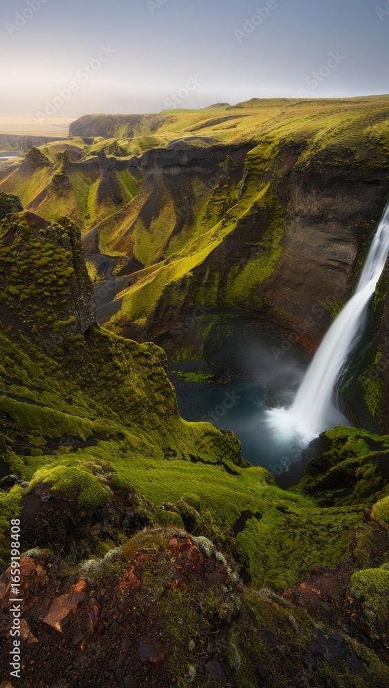 Fototapeta premium Majestic Waterfall Cascading Down Moss Covered Cliffs