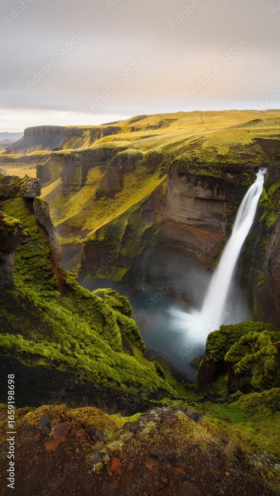 Fototapeta premium Majestic Waterfall Cascading into a Mossy Canyon green