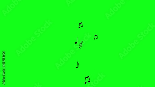 Animated rotating black notes flying from bottom to top, on a green background. Wave of flying notes. Perfect for music, songs, and melodies. Isolated musical notes, icons. Royalty-free. 4k