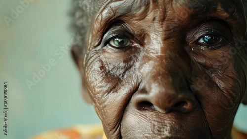 A close-up portrait of an elderly woman showcasing her expressive eyes and detailed wrinkles. The image conveys emotions and stories of a life well-lived.