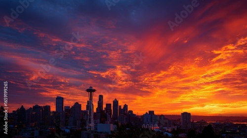 City skyline at fiery sunset
