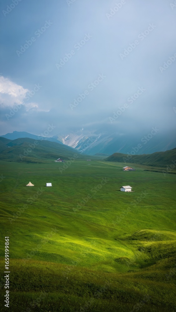 Fototapeta premium Rolling Green Hills With Scattered Houses Under Cloudy Sky