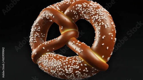 A close-up view of a single, salted pretzel against a dark background, showcasing its twisted shape and texture.
