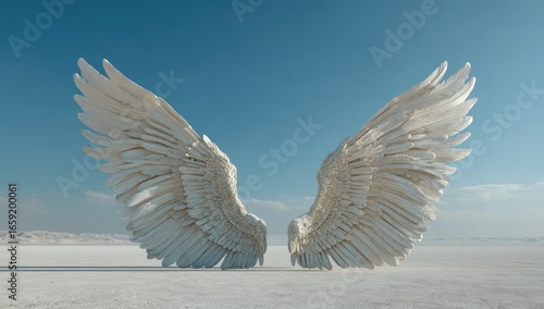 Fototapeta Naklejka Na Ścianę i Meble -  Majestic white angel wings spread wide against a clear blue sky and expansive white desert landscape