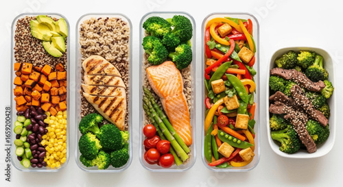 Healthy meal prep containers with salmon, chicken, and beef