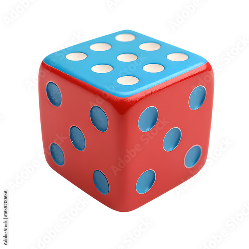 Red and Blue Dice: Close-up of a Single Six-Sided Die isolated on transparent background