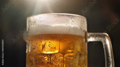 Close-up of a cold beer mug filled with golden liquid and a frothy white head, showing condensation droplets on the glass.