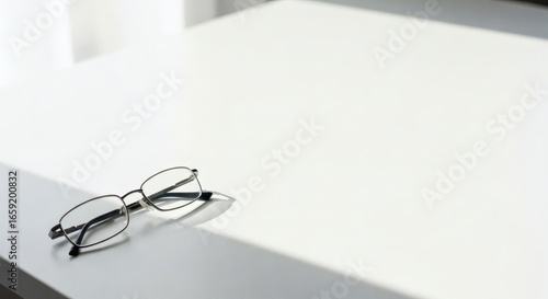 Pair of eyeglasses resting on a smooth, white countertop.