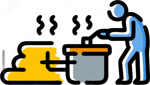 Illustration of a person cooking with a pot spilling liquid on the side and steam rising up around them