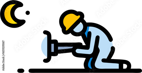 Illustration of a construction worker kneeling and using a jackhammer at night under a crescent moon
