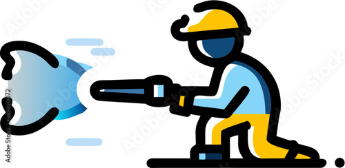 Illustration of a worker using a leaf blower with a helmet and blue and yellow uniform style kneeling