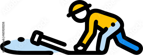 A person in yellow and blue is using a plunger on a puddle on the floor in an illustrative style
