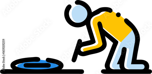 Stick figure examining a puddle with a tool in hand bending over looking at the water surface closely