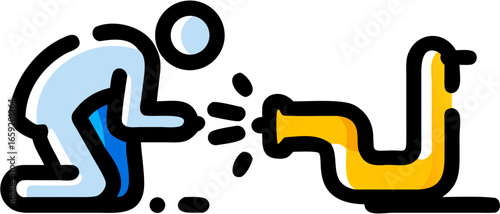 Person kneeling and looking at a yellow pipe with black drips coming out of it in a cartoon style